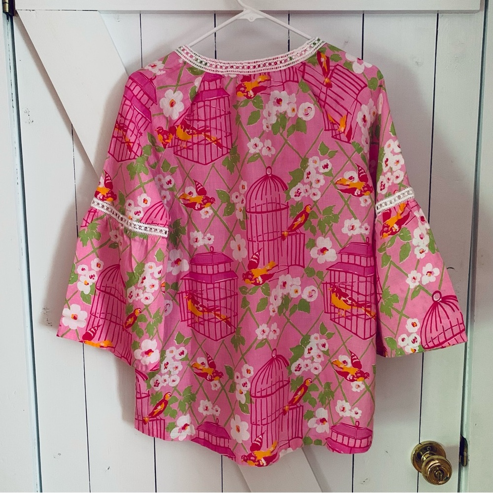 Boho Flowy Blouse Women 's Top Pink Bird Print Embroidered Hem Tassel Tie V-Neck - Picture 10 of 10